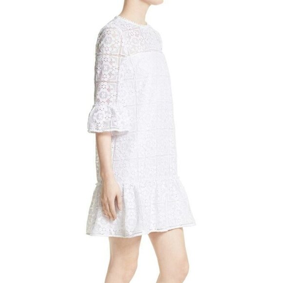 Kate Spade Mini Lace Shift Dress 00 White Ruffled Flounced Hem Floral Lace Lined - Picture 12 of 14
